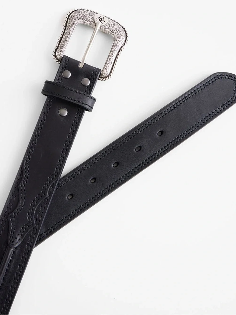 Ariat Men's Black Center Ridge Genuine Leather Belt Silver Buckle with Logo